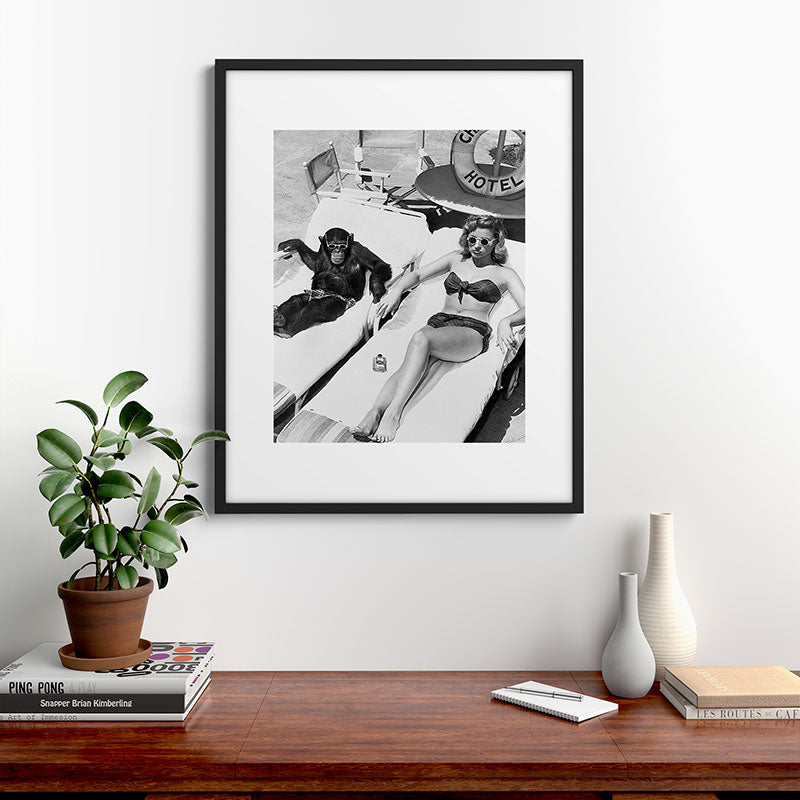 Lady and Chimp Sunbathing, Black and White, Vintage Art Framed Art Print Gallery Image 7
