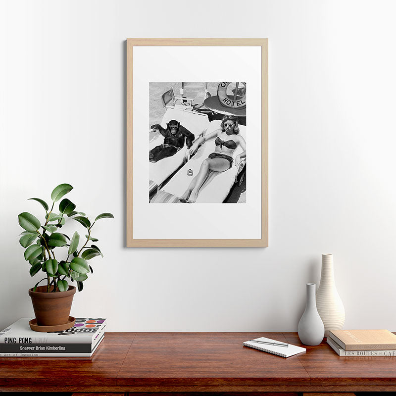 Lady and Chimp Sunbathing, Black and White, Vintage Art Framed Art Print Gallery Image 48