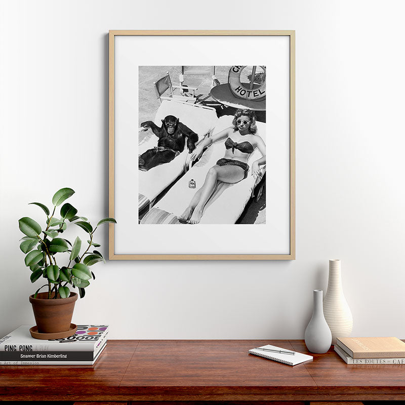 Lady and Chimp Sunbathing, Black and White, Vintage Art Framed Art Print Gallery Image 21