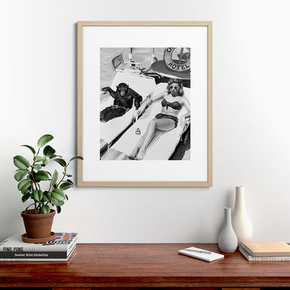 Lady and Chimp Sunbathing, Black and White, Vintage Art Framed Art Print Gallery Image 49