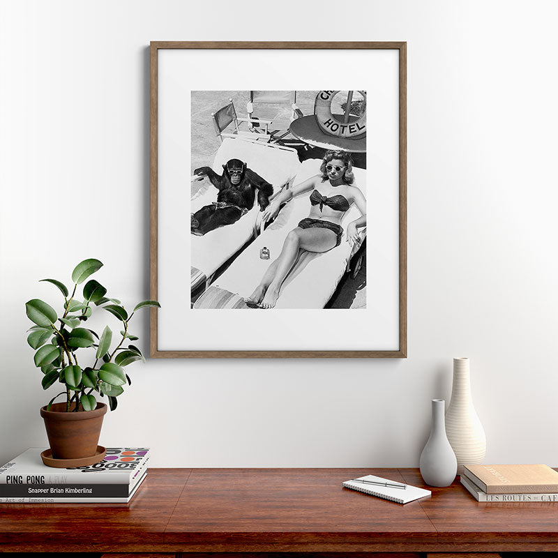 Lady and Chimp Sunbathing, Black and White, Vintage Art Framed Art Print Gallery Image 14