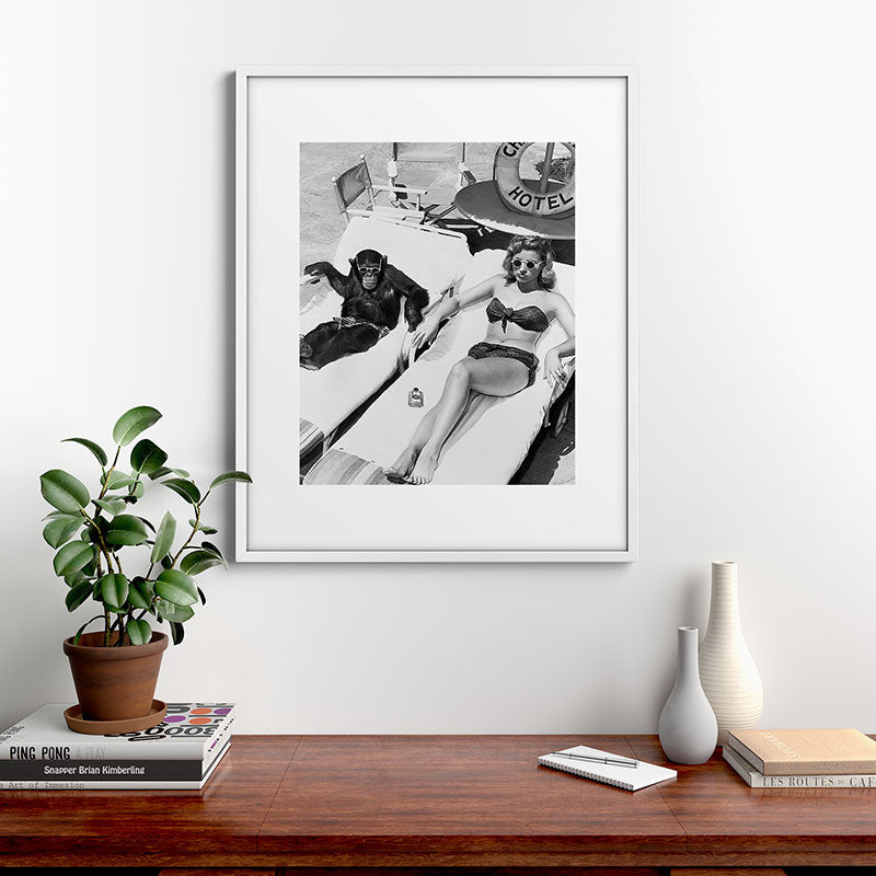 Lady and Chimp Sunbathing, Black and White, Vintage Art Framed Art Print Gallery Image 28