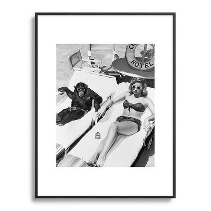 Lady and Chimp Sunbathing, Black and White, Vintage Art Framed Art Print Gallery Image 84