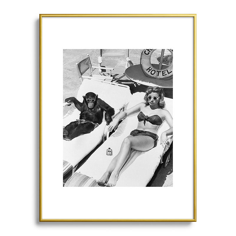 Lady and Chimp Sunbathing, Black and White, Vintage Art Framed Art Print Gallery Image 92