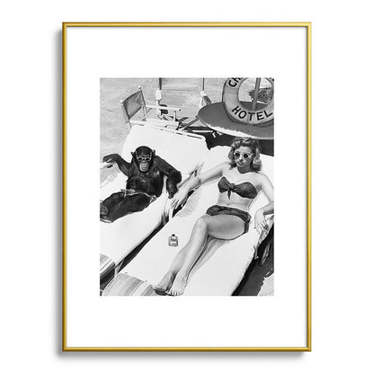 Lady and Chimp Sunbathing, Black and White, Vintage Art Framed Art Print Gallery Image 91