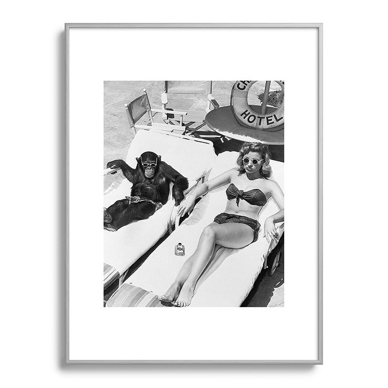 Lady and Chimp Sunbathing, Black and White, Vintage Art Framed Art Print Gallery Image 99