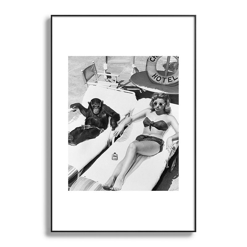 Lady and Chimp Sunbathing, Black and White, Vintage Art Framed Art Print Gallery Image 87