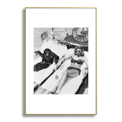 Lady and Chimp Sunbathing, Black and White, Vintage Art Framed Art Print Gallery Image 94