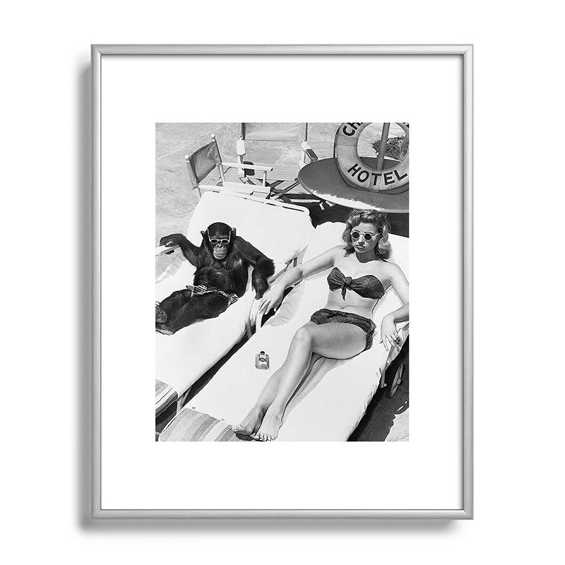 Lady and Chimp Sunbathing, Black and White, Vintage Art Framed Art Print Gallery Image 96