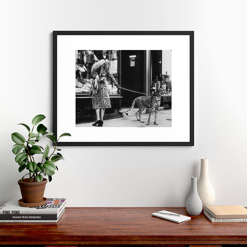 Leopard on a Leash, Black and White Vintage Art Framed Art Print Gallery Image 35