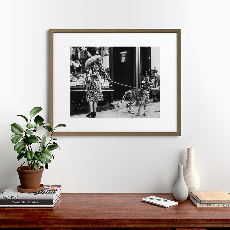 Leopard on a Leash, Black and White Vintage Art Framed Art Print Gallery Image 42